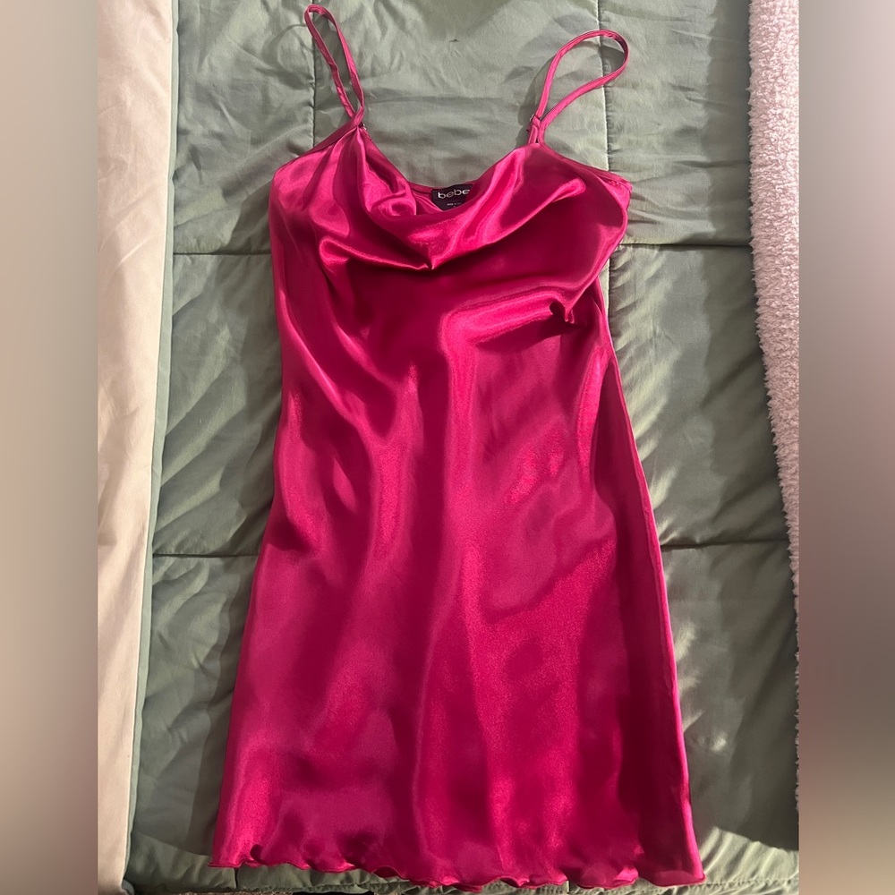 bebe SATIN COWL NECK SLIP MINI DRESS